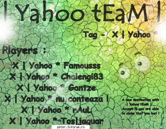 nume clan  -  | yahoo team | :hi: 
tag  -  x | yahoo * 

membrii  :d :

x | yahoo * famousss
x |